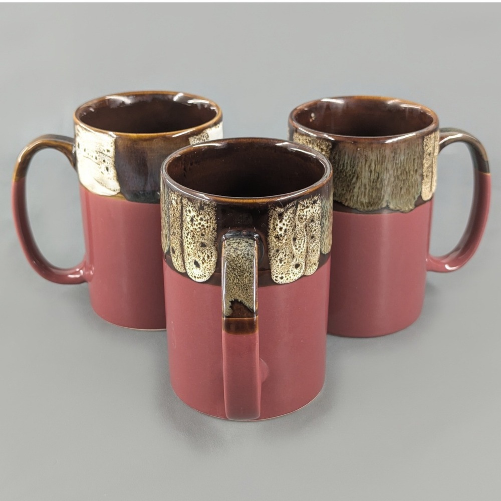 Pier 1 Imports Stoneware Coffee Mug Set 3 Burgundy Brown Drip Glaze 4.75in